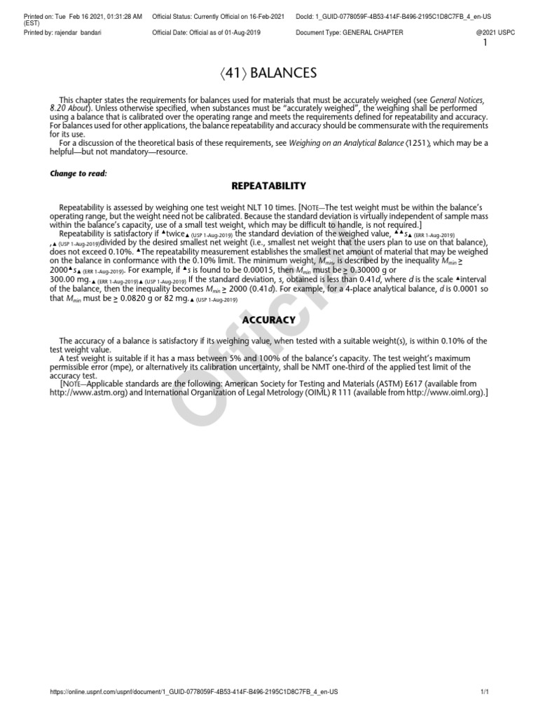 USP 41 Weighing Balance Requirements | PDF | Weighing Scale | Weight