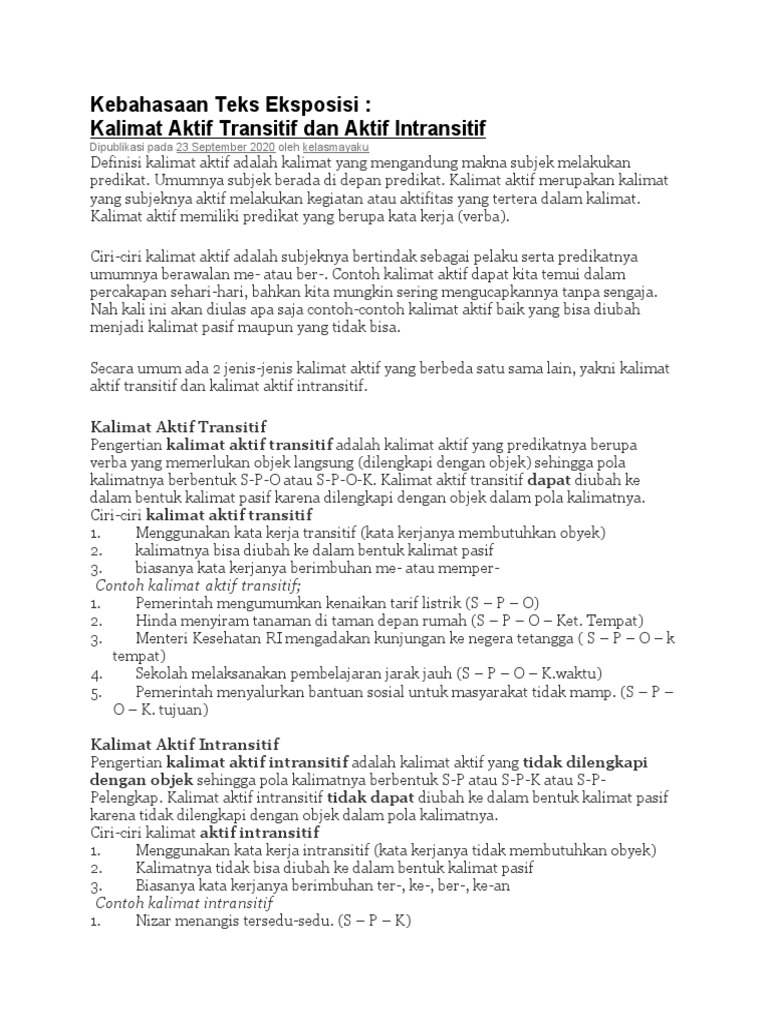 Kebahasaan Teks Eksposisi Aktif Transitif Dan Aktif Intransitif Pdf