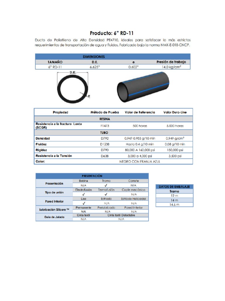 Ficha Tecnica Rd11 Hdpe 6 Pulg. | PDF