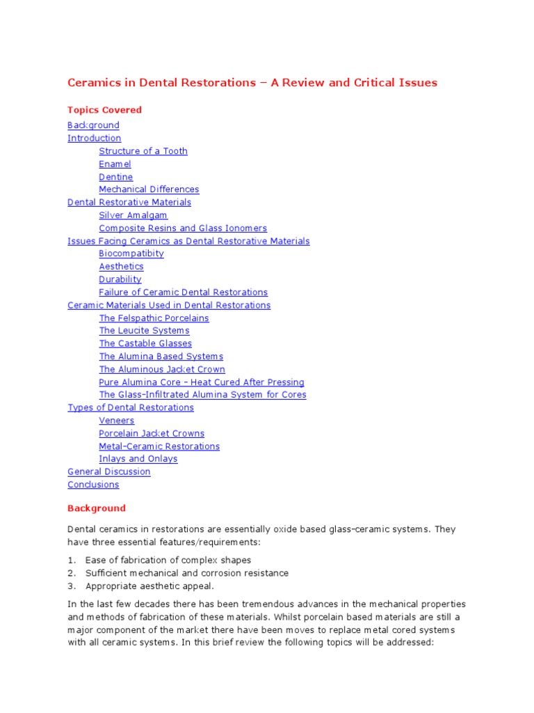 Ceramics in Dental Restorations | PDF | Human Tooth | Dentistry Branches