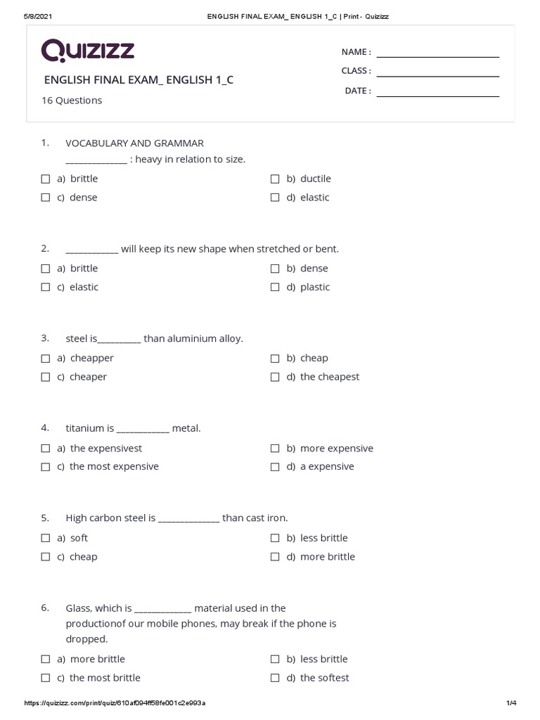 English Final Exam - English 1 - C | PDF | Ductility | Brittleness