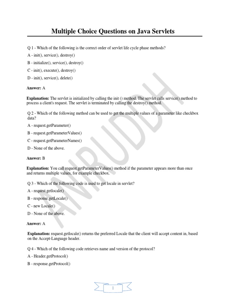 Multiple Choice Questions On Java Servlets | PDF | Character Encoding ...