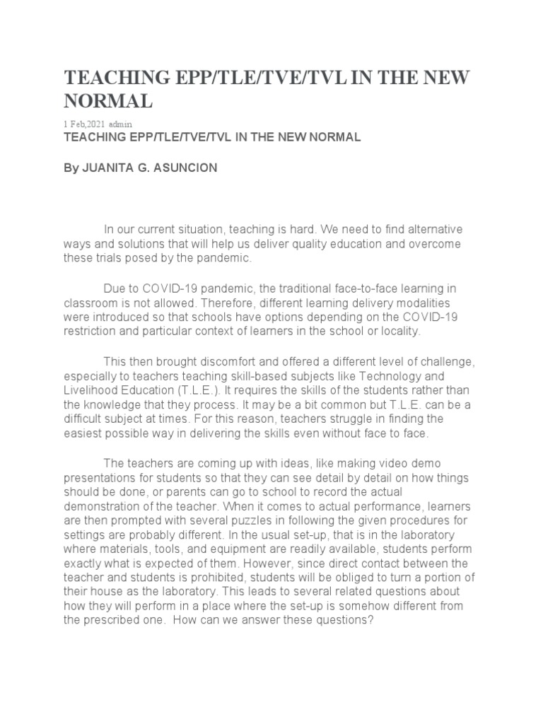 Teaching TLE in the New Normal | PDF | Teachers | Learning