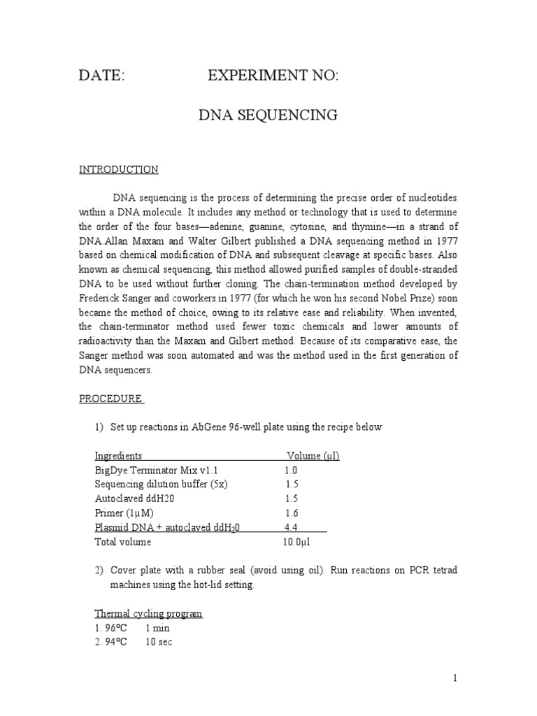 Sanger Method DNA Sequencing Protocol | PDF | Dna Sequencing | Dna