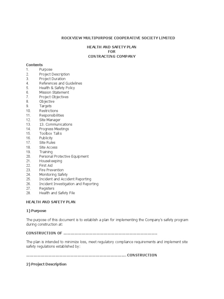 Health and Safety Plan PDF Occupational Safety And Health Safety