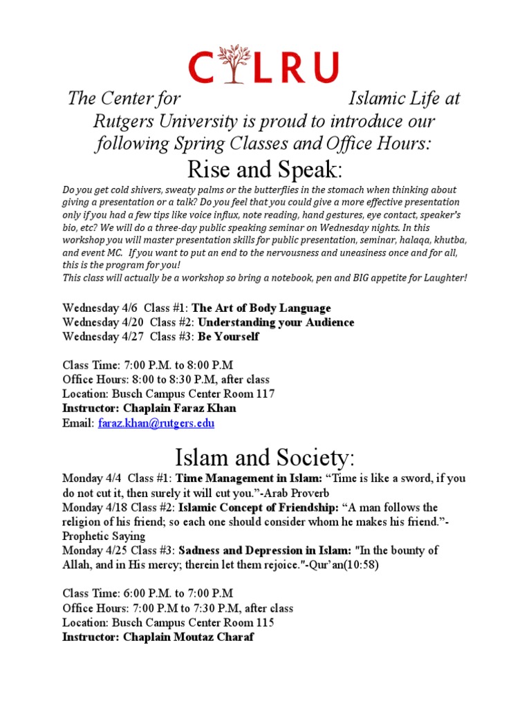 Rutgers Spring Classes: Public Speaking & Islam | PDF