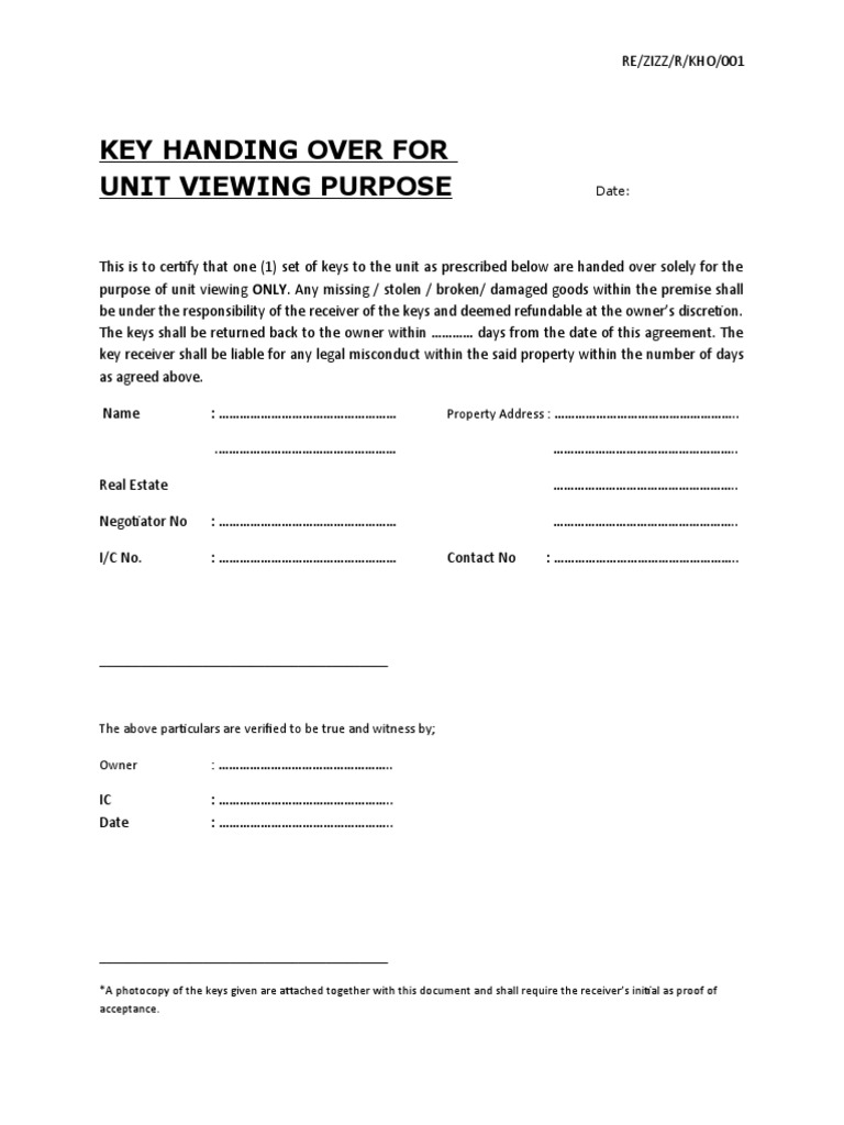Key Handover Agreement for Unit Viewing | PDF