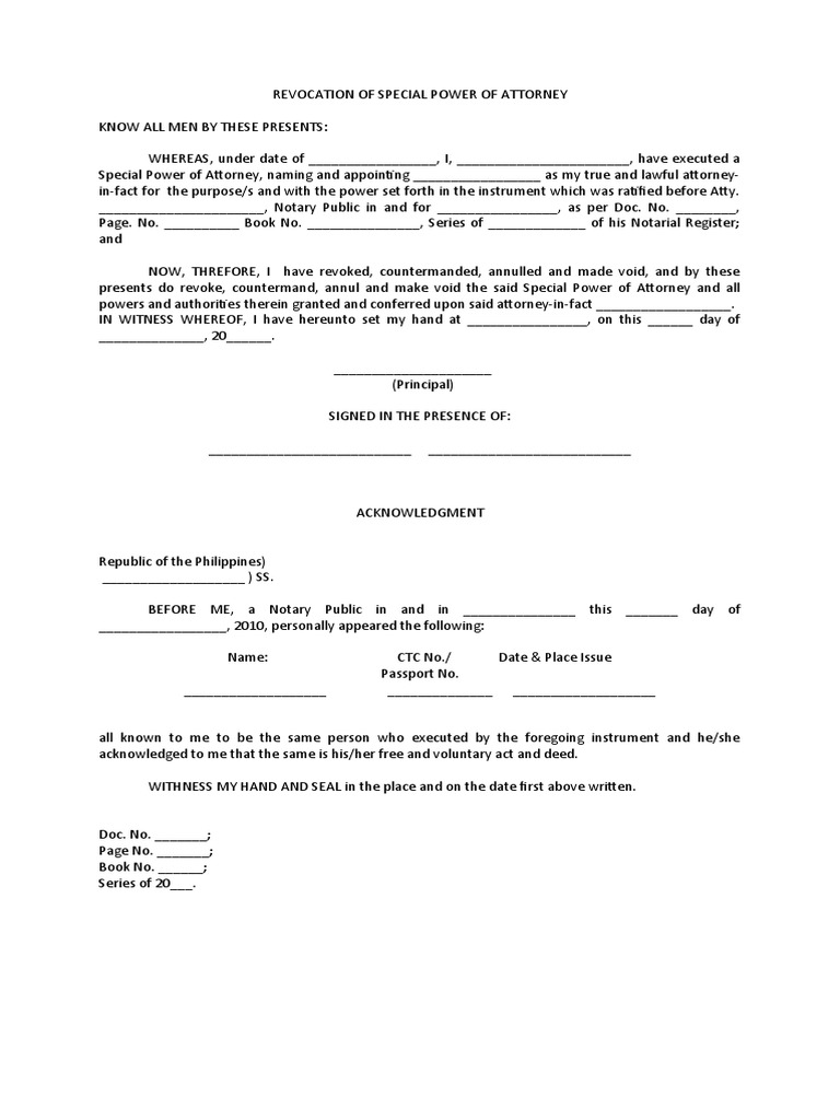 Revocation of Special Power of Attorney | PDF