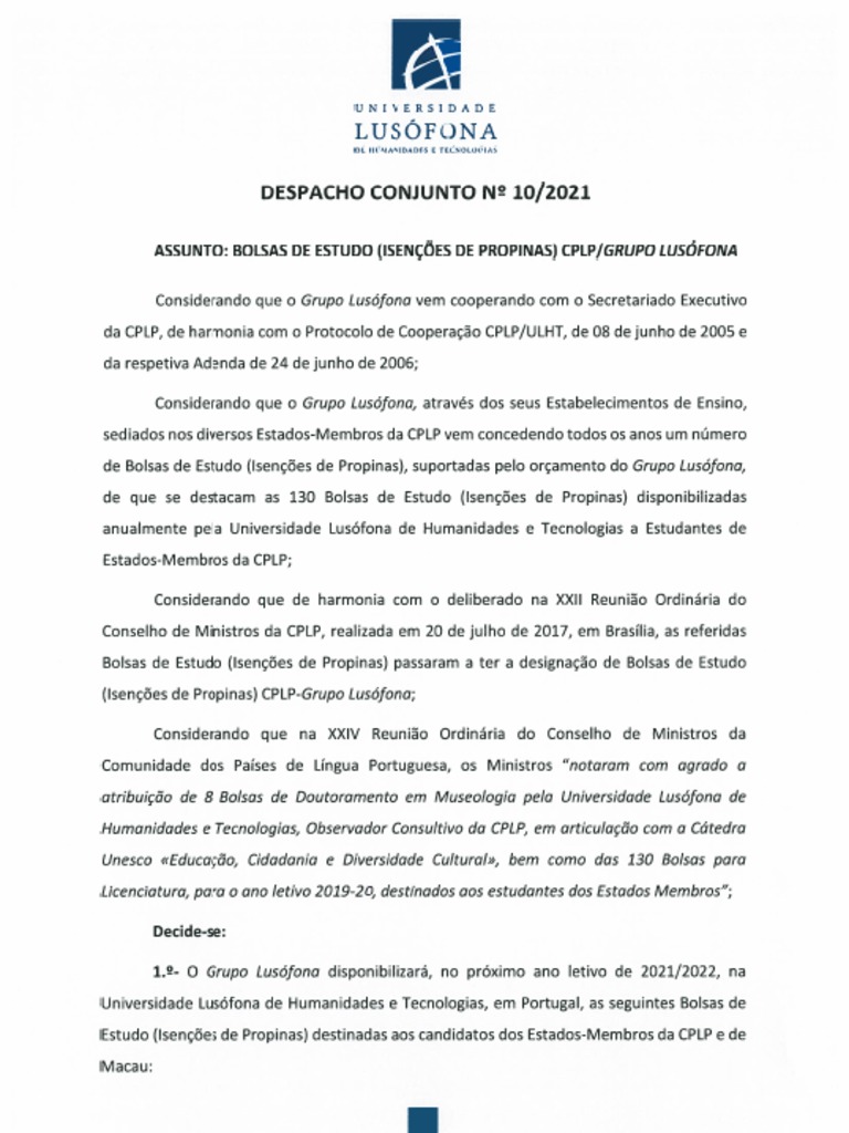 Bolsas de Estudo CPLP Grupo Lusofona 2021 2022 | PDF