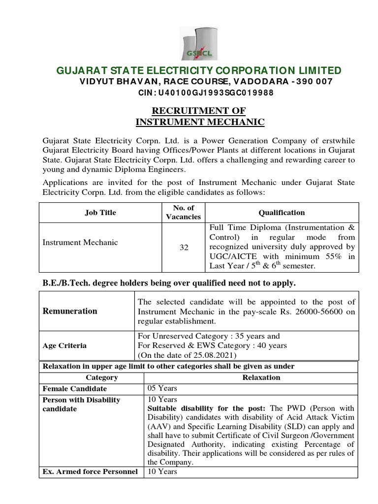 GSECL Recruitment 2021 Instrument Mechanic 32 Post Vacancy PDF