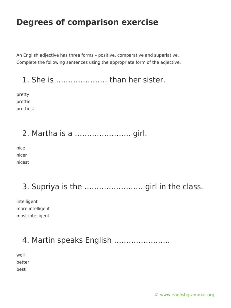 Degrees of Comparison Exercise | PDF | Language Arts & Discipline