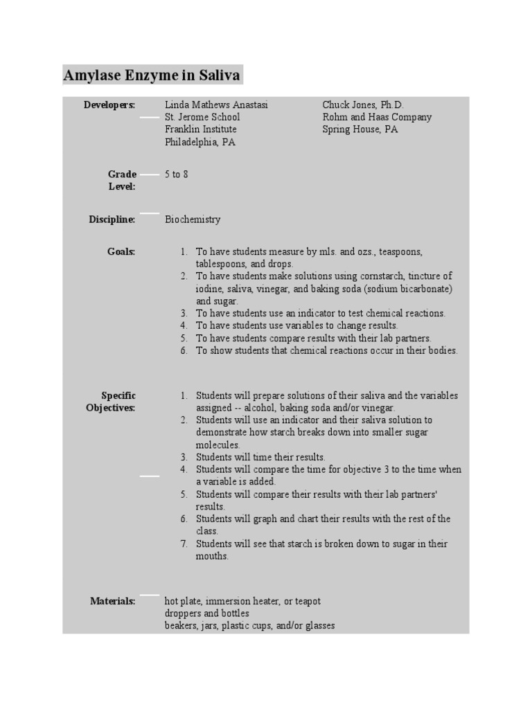 Amylase Enzyme in Saliva PDF Starch Enzyme