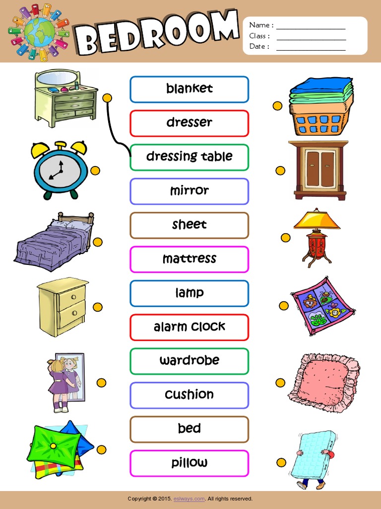 Bedroom Esl Vocabulary Matching Exercise Worksheet For Kids PDF