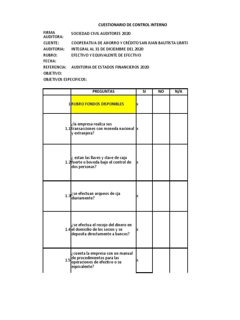 Cuestionario de Control Interno 2020 | PDF | Bancos | Auditoría
