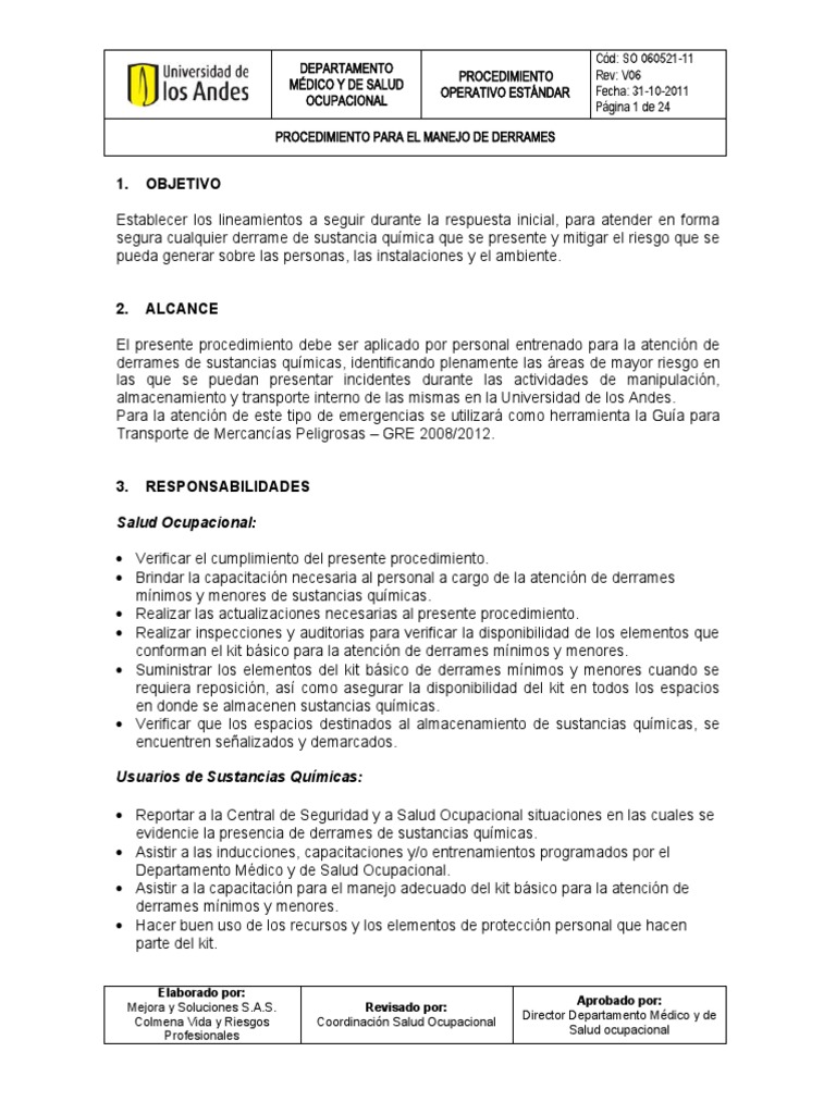 Procedimiento para Manejo de Derrames | PDF | Seguridad y salud ...