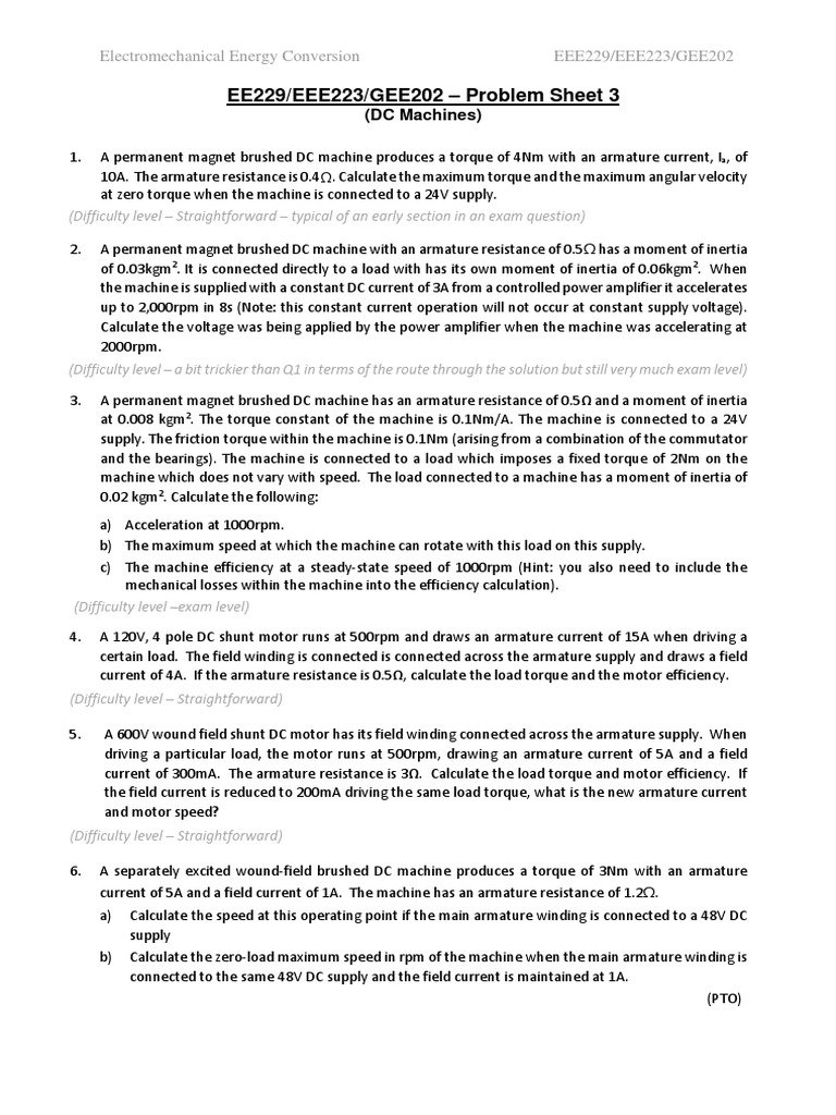 DC Machine Problem Sheet EEE223 | PDF | Electric Motor | Force