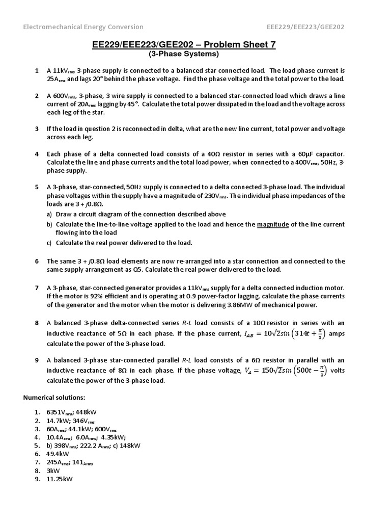 EEE229 EEE223 GEE202 Problem Sheet 7 3-Phase Systems | PDF | Ac Power ...