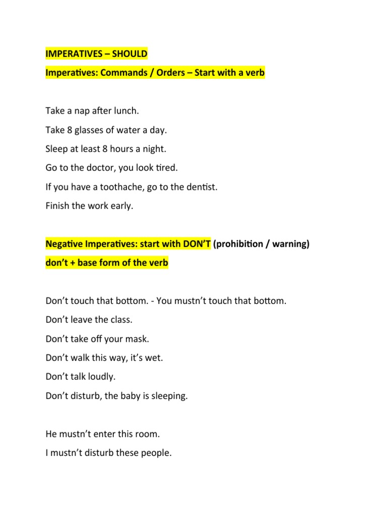 Imperatives - Should Imperatives: Commands / Orders - Start With A Verb ...