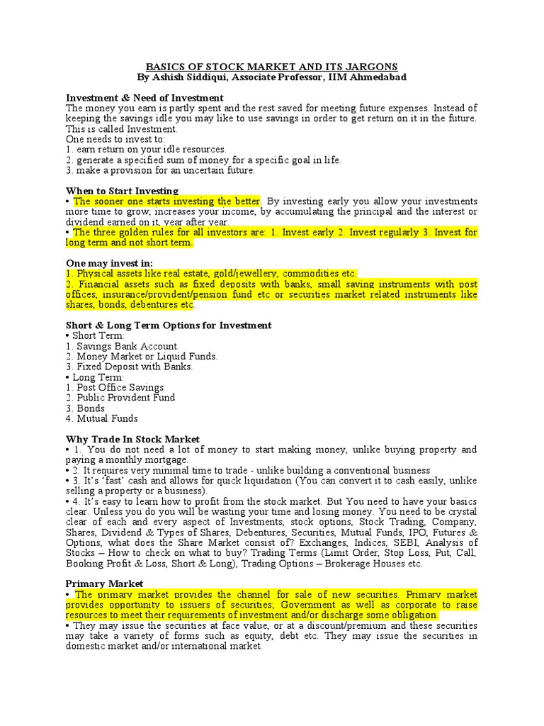 Basics of Stock Market and Its Jargons by Ashish Siddiqui, Associate ...