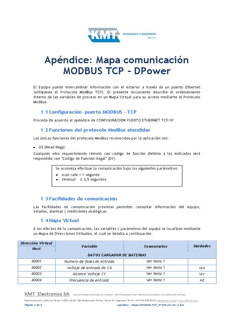 Mapa de Direcciones MODBUS TCP/IP | PDF | Cargador de batería ...