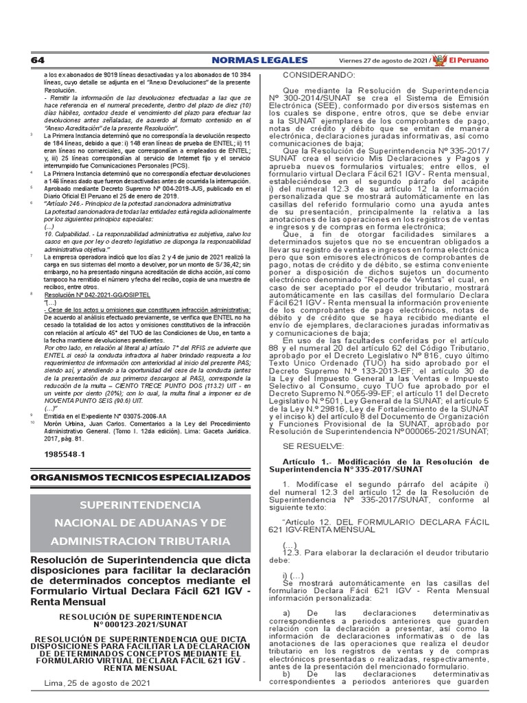 Resolución de Superintendencia #000123-2021/sunat | PDF | Tarjeta de