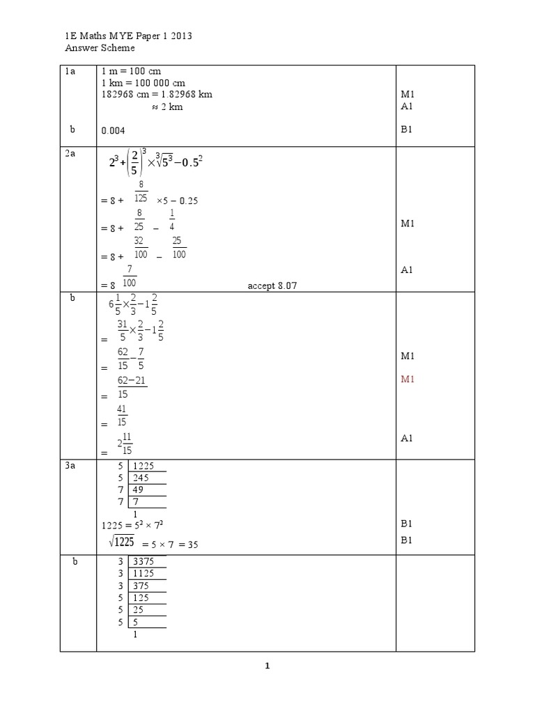 2013 1E Maths MYE Paper 1 Answers | PDF