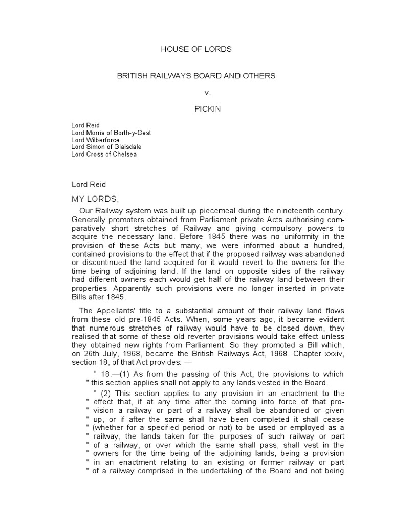 British Railways Board V Pickin (1974) UKHL 1 PDF Parliament Bill (Law)