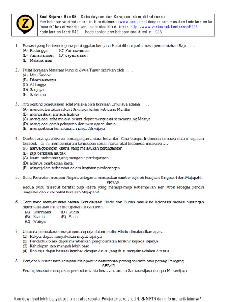 05 Soal Sejarah Bab Kebudayaan Dan Kerajaan Islam Di Indonesia Pdf