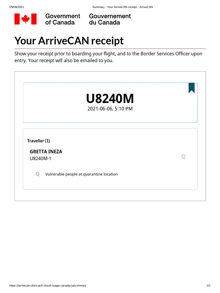Summary Your ArriveCAN Receipt ArriveCAN PDF