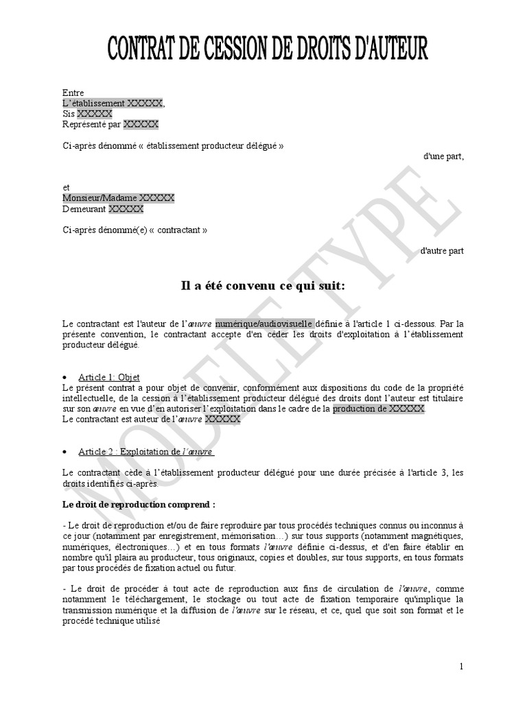 Modele Type - Contrat de Cession de Droits Auteur | PDF | Justice ...