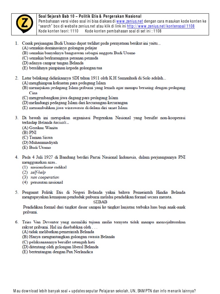 10 Soal Sejarah Bab Politik Etis Pergerakan Nasional