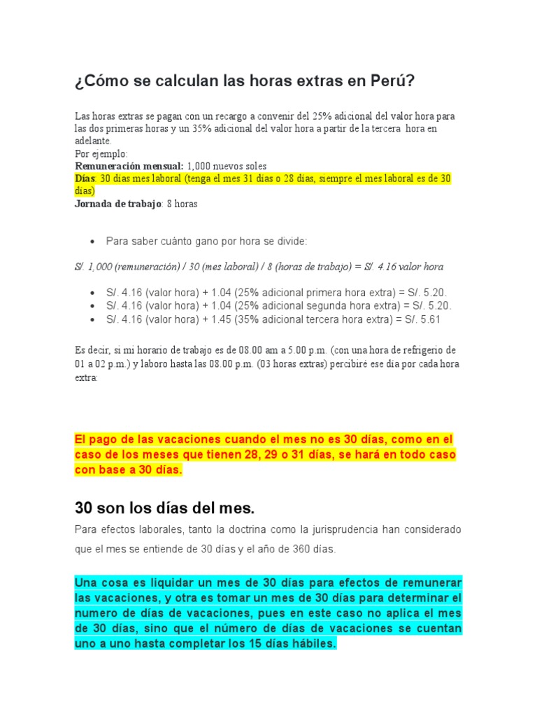 Calcular Horas Extras y Remuneracion de Vacaciones | PDF | Salario ...