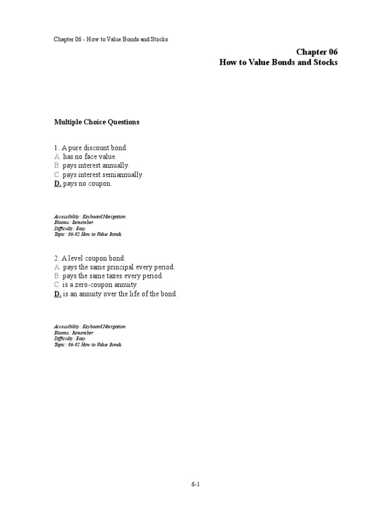 Multiple Choice Questions How To Value Bonds and Stocks PDF Bonds (Finance) Yield (Finance)