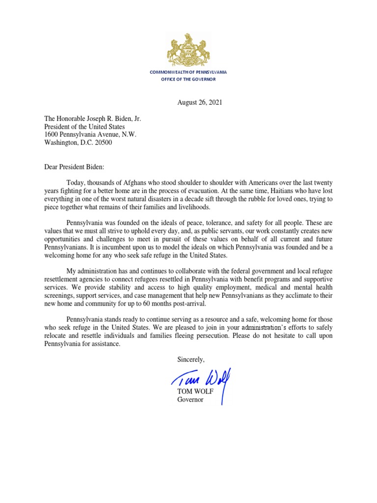 Letter From Governor Wolf To President Biden | PDF | Social Science ...