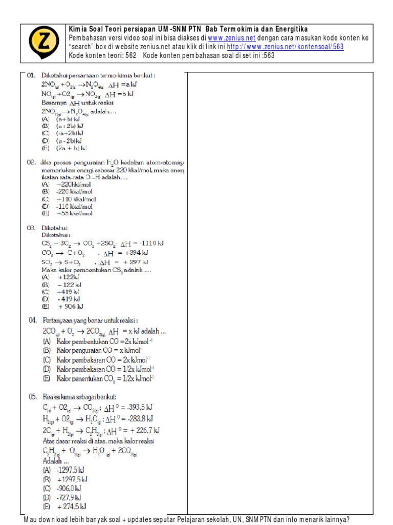 Soal Teori Persiapan Um Snmptn Kimia Bab 1 Termokimia Dan Energitika