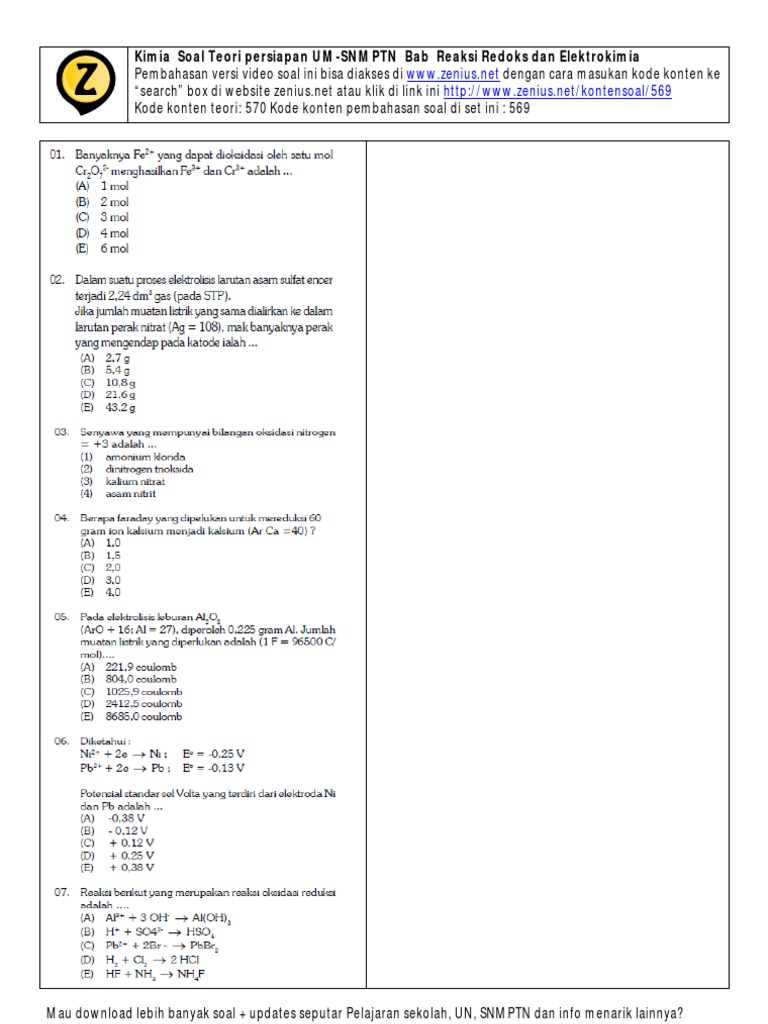 Soal Teori Persiapan Um Snmptn Kimia Bab 2 Reaksi Redoks Dan Elektrokimia