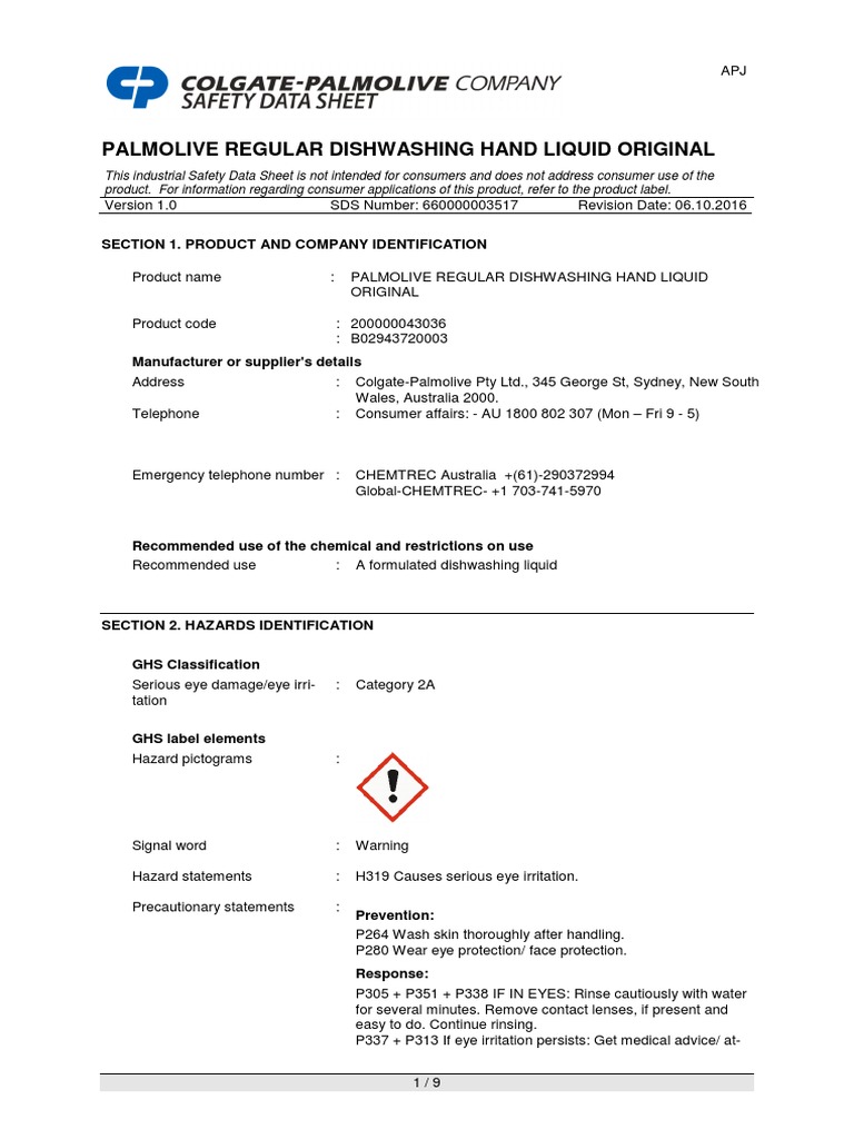 Palmolive Dishwashing Liquid SDS PDF Toxicity Personal Protective