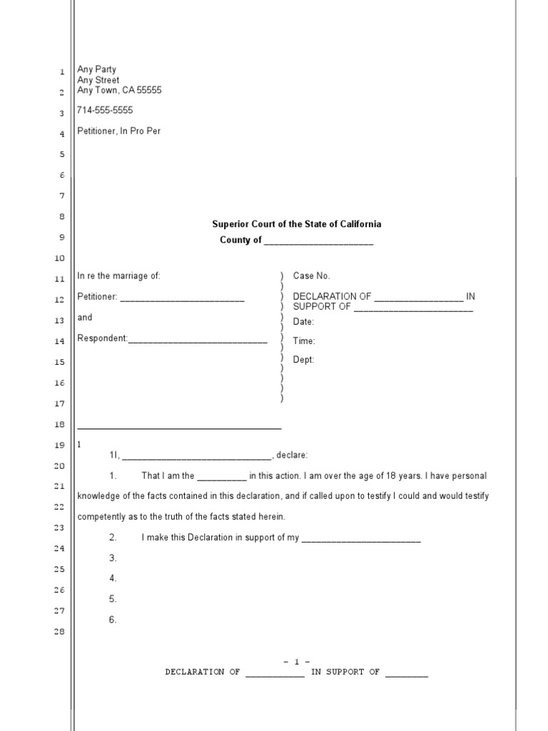 Sample Declaration For California Pro Se Legal Representation In The United States Common Law