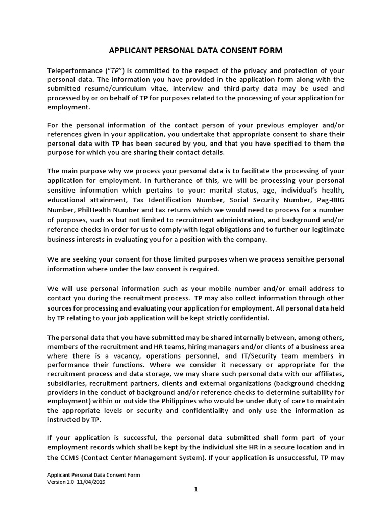 Applicant Personal Data Consent Form PDF Recruitment Confidentiality