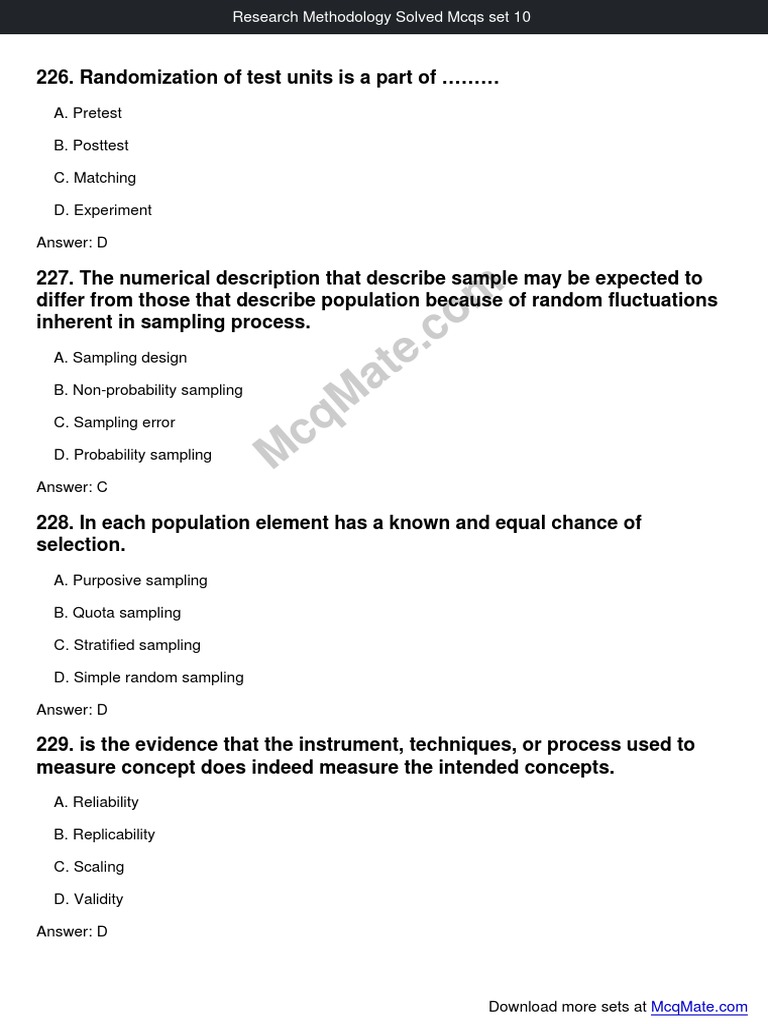 Research Methodology Solved Mcqs Set 10 PDF Sampling (Statistics