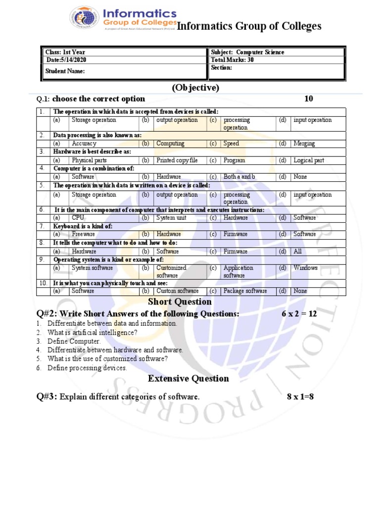 (Objective) : Informatics Group of Colleges | PDF | Software | Input/Output