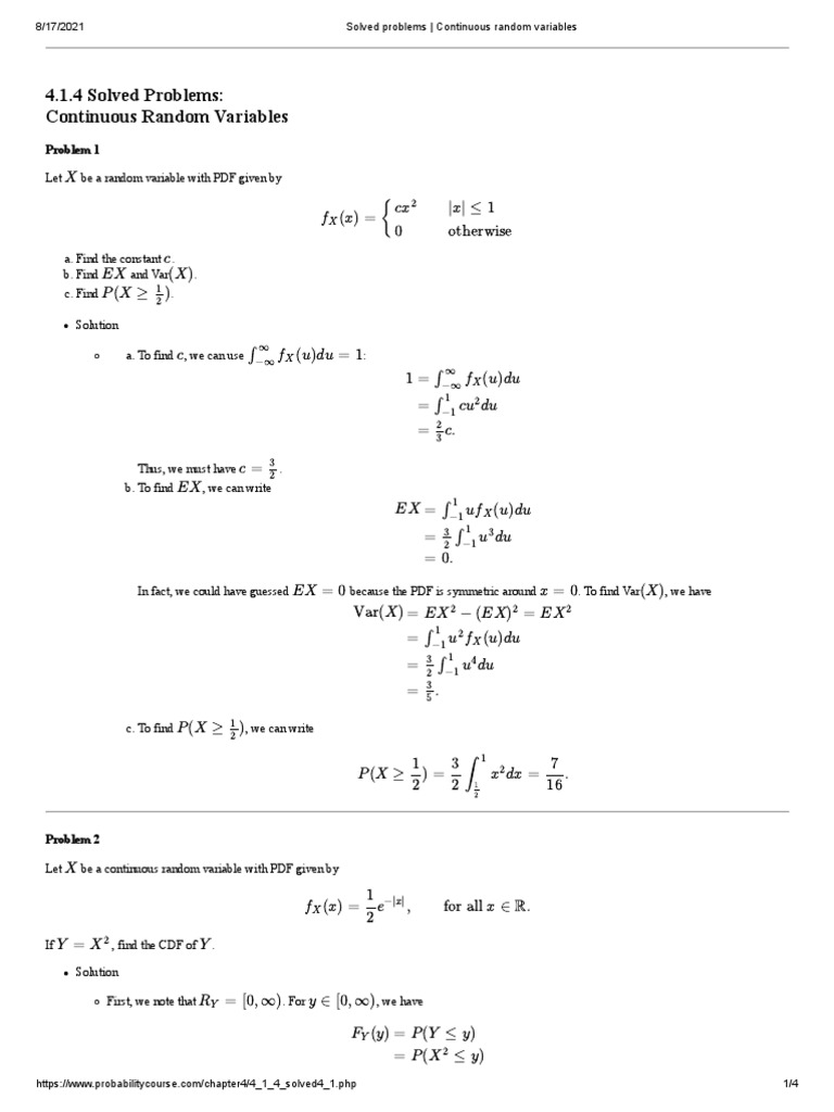 Solved Problems - Continuous Random Variables | PDF | Probability ...