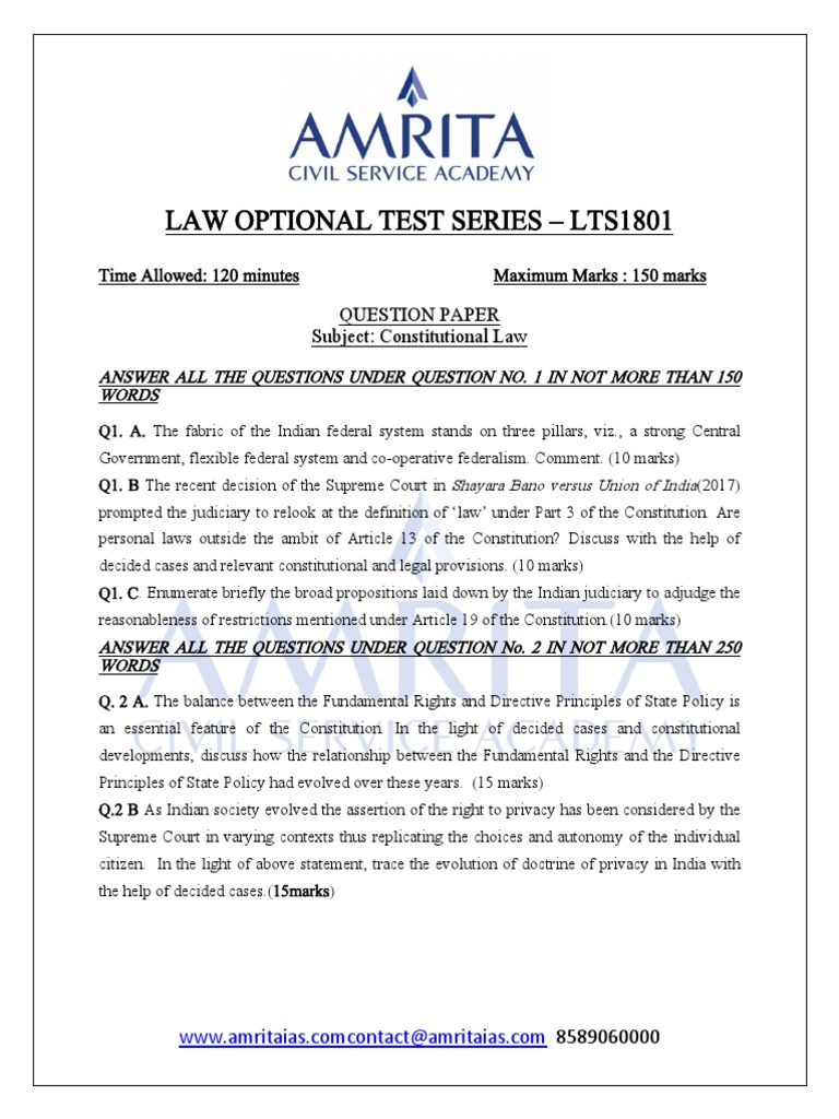 Law Optional Test Series: Constitutional Law | PDF | Supreme Court Of ...