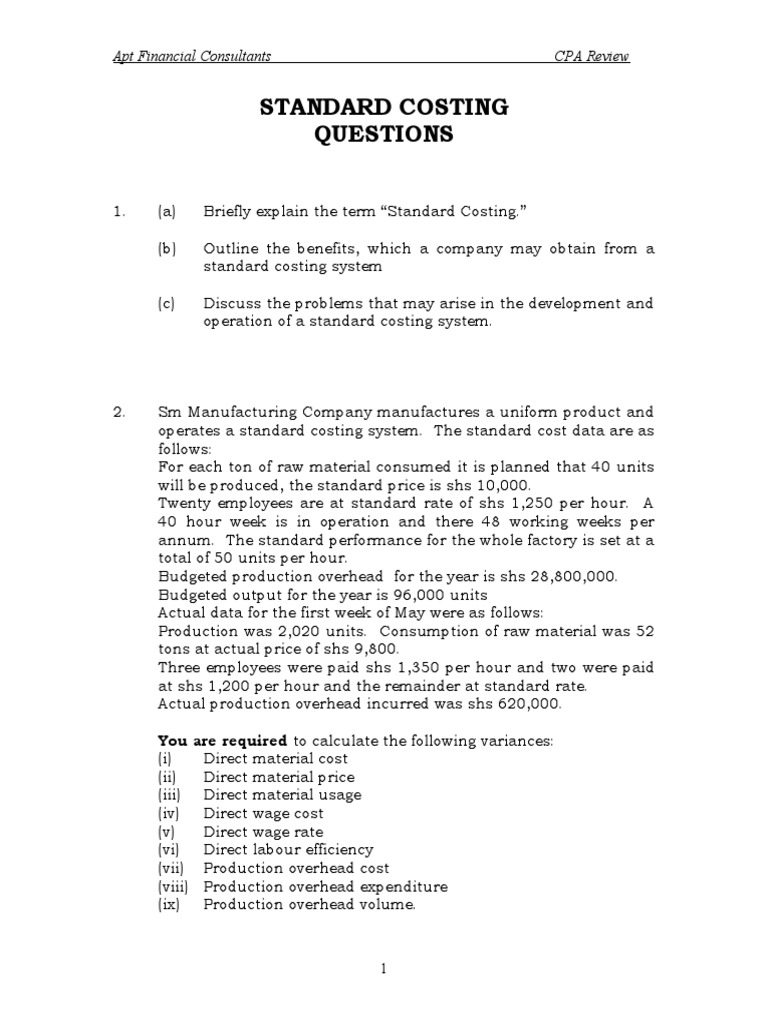 Standard Costing Questions Pdf Labour Economics Cost