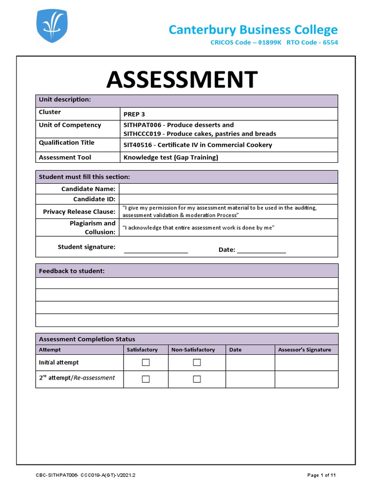 Cookery Assessment Guide | PDF | Cakes | Desserts