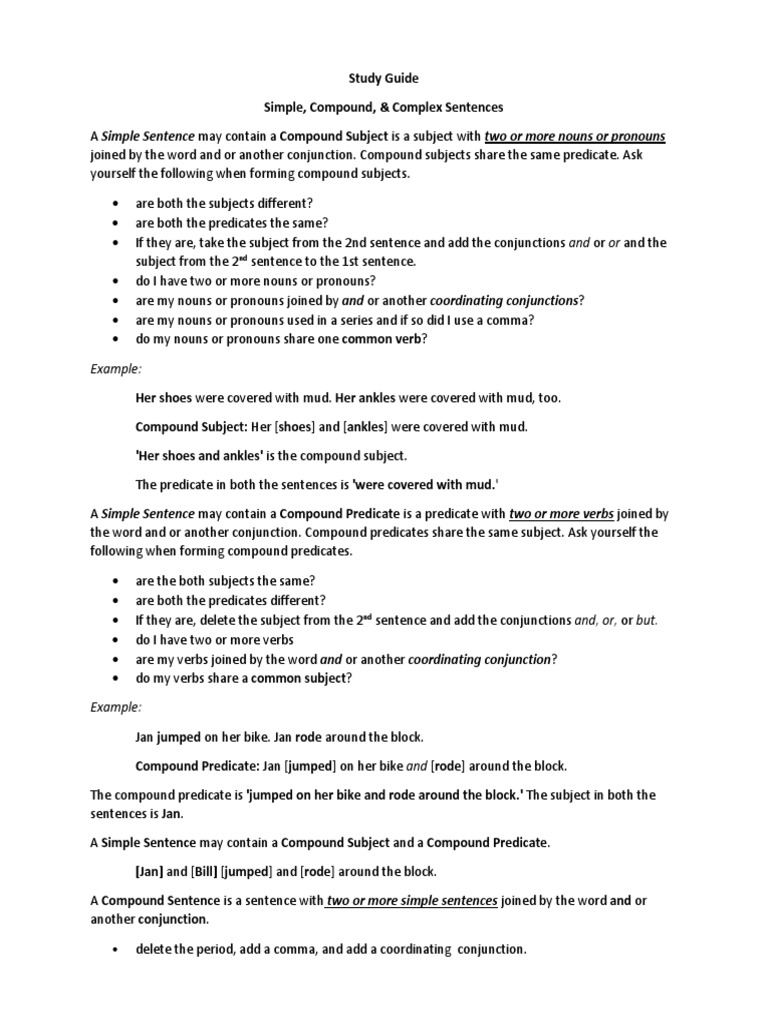 Study Guide For Simple - Compound - Complex Sentences | PDF | Subject ...