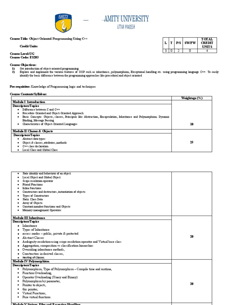 OOP with C++ Course Syllabus | PDF | Object Oriented Programming | C++