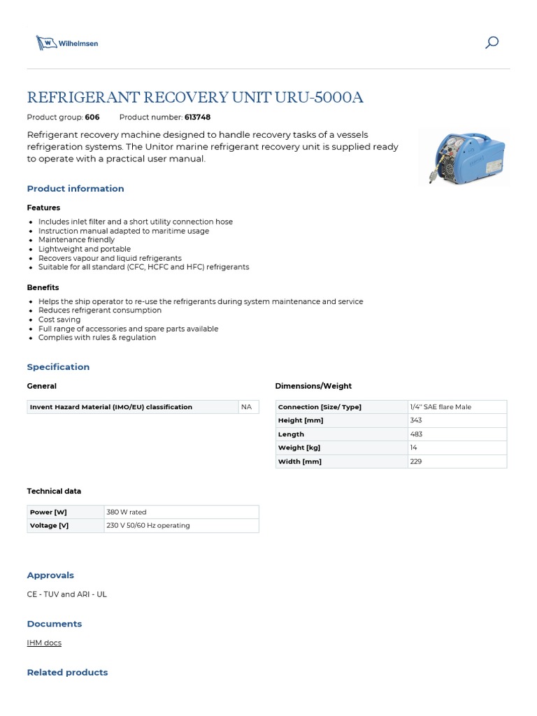 Refrigerant Recovery Unit Uru5000a PDF Refrigeration