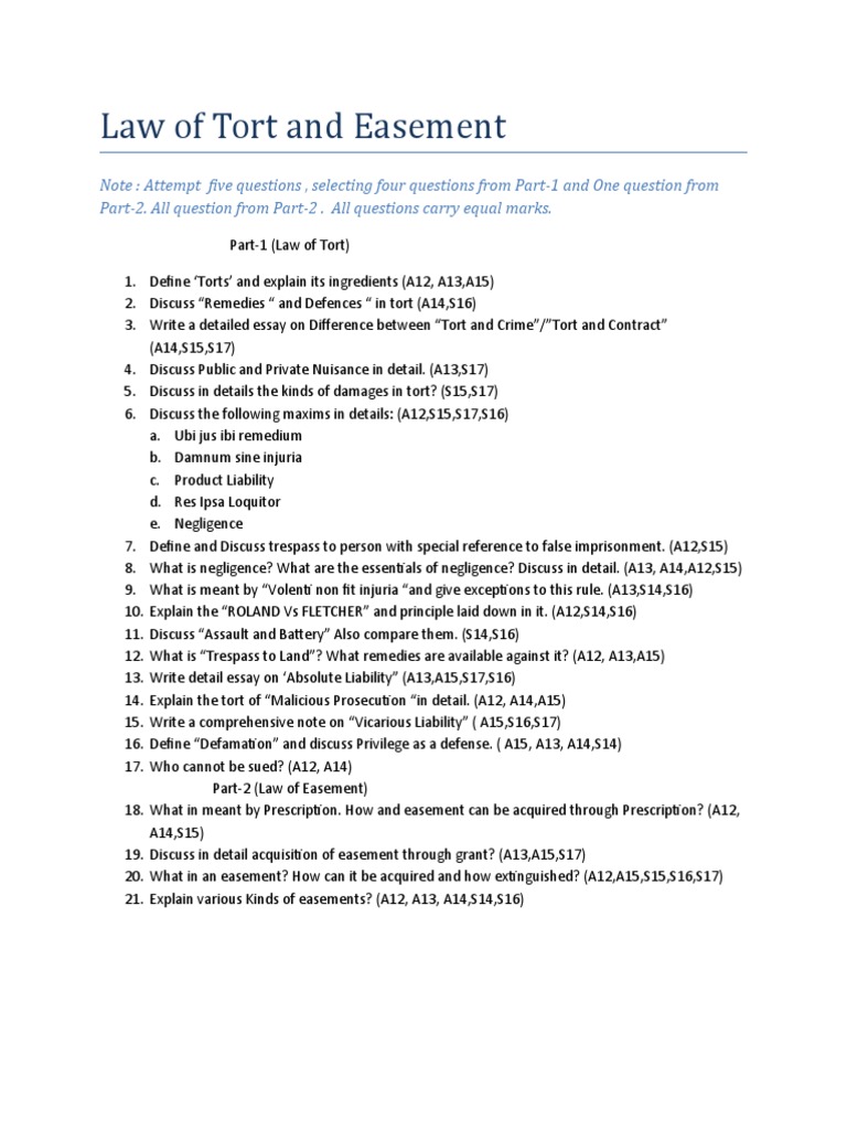 Law of Tort and Easement Exam Guide | PDF | Social Science | Law