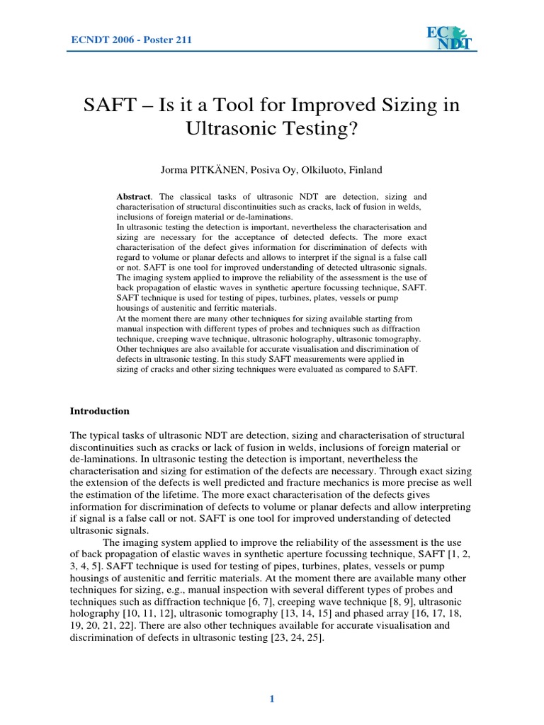 SAFT - Is It A Tool For Improved Sizing in Ultrasonic Testing? | PDF ...